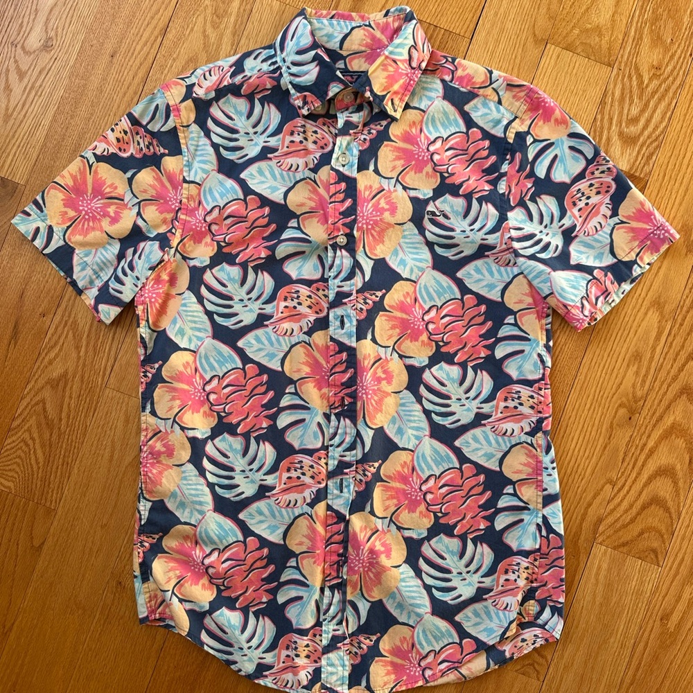 Vineyard Vines Navy Tropical Floral Short Sleeve Button-Down Shirt